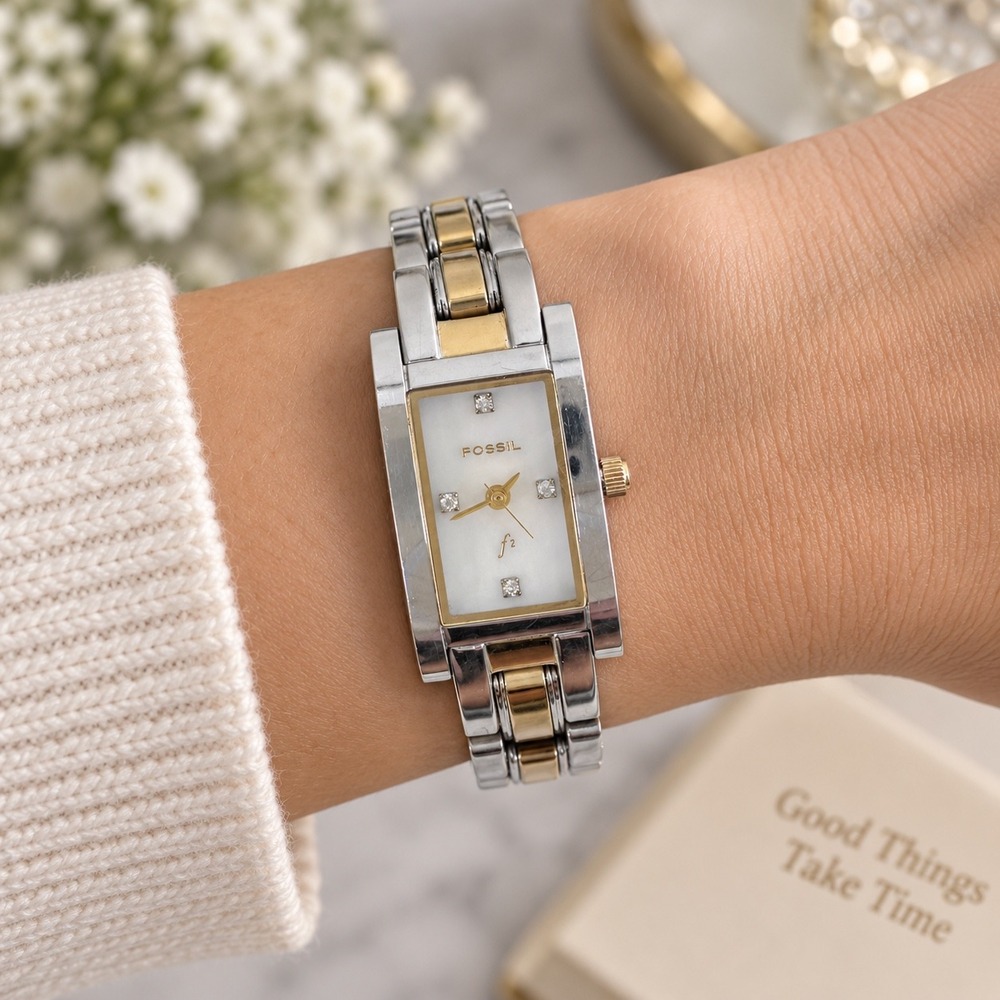 Fossil Women Watch Rectangle Mother of Pearl Dial Two Tone New Battery f2 ES9717